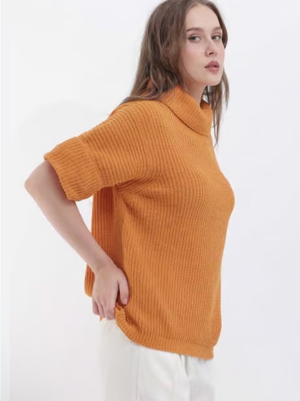 Liz Claiborne silk chic minimalist Short-Sleeve Turtleneck Sweater - Orange - Picture 1 of 6
